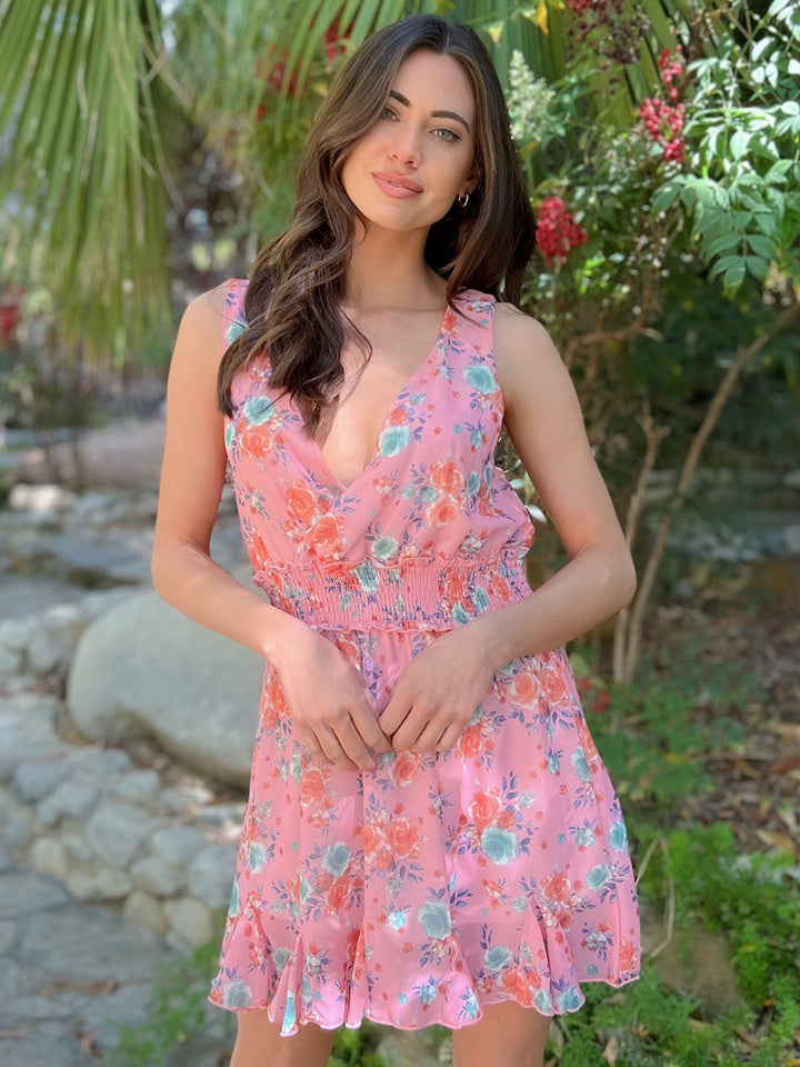 WOMEN'S SLEEVELESS V-NECK FLORAL MINI DRESS