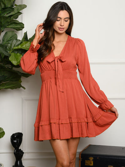 WOMEN'S LONG SLEEVE V-NECK FRONT TIE MINI DRESS