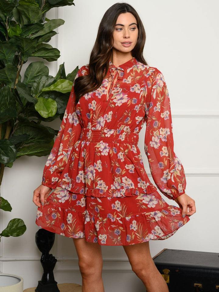 WOMEN'S LONG SLEEVE FLORAL SMOCKED MINI DRESS