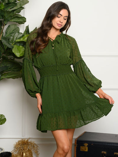 WOMEN'S LONG SLEEVE SWISS DOT SMOCKED MINI DRESS