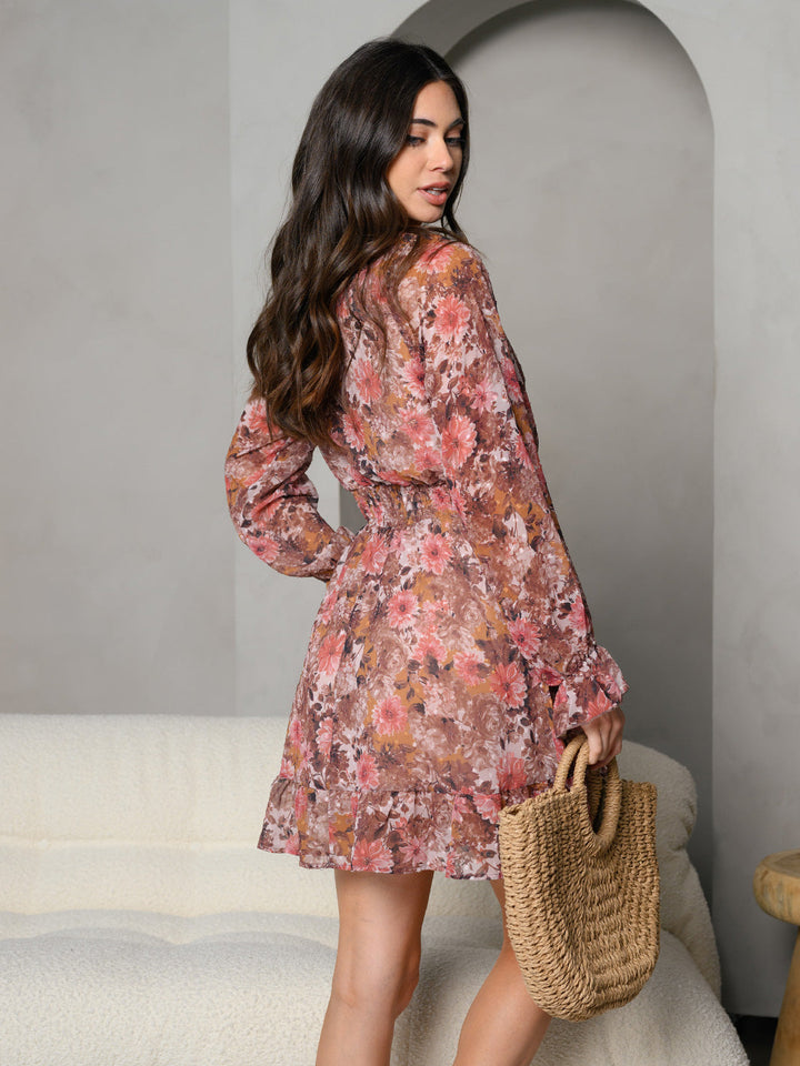 WOMEN'S SQUARE NECK FLORAL PRINT SMOCKED WAIST LONG SLEEVE MINI DRESS