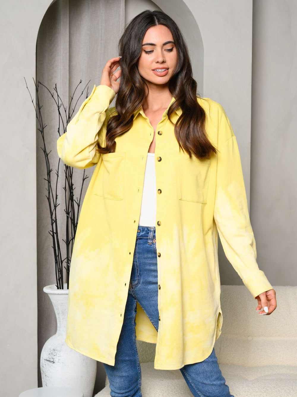 WOMEN'S LONG SLEEVE WASHED FRONT POCKETS BUTTON UP JACKET