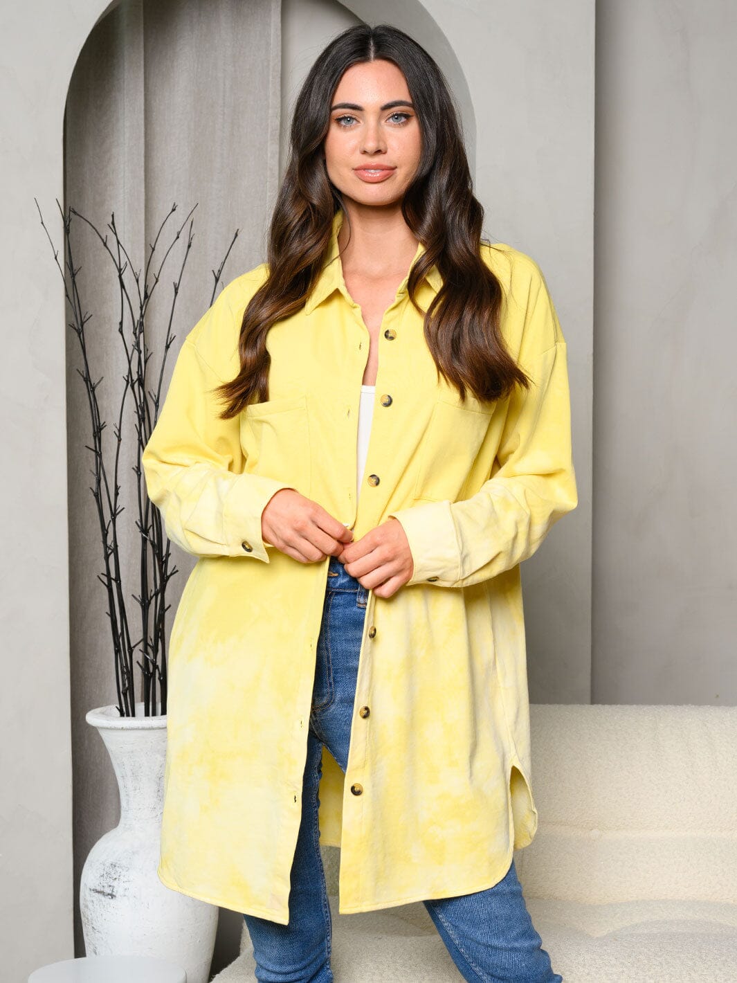 WOMEN'S LONG SLEEVE WASHED FRONT POCKETS BUTTON UP JACKET