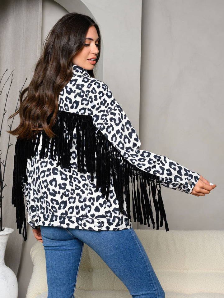 WOMEN'S LONG SLEEVE ANIMAL PRINT FRINGE DENIM JACKET