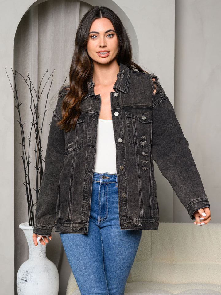 WOMEN'S LONG SLEEVE WASHED DISTRESSED BACK DETAILED DENIM JACKET