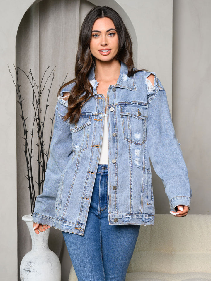 WOMEN'S LONG SLEEVE WASHED DISTRESSED BACK DETAILED DENIM JACKET
