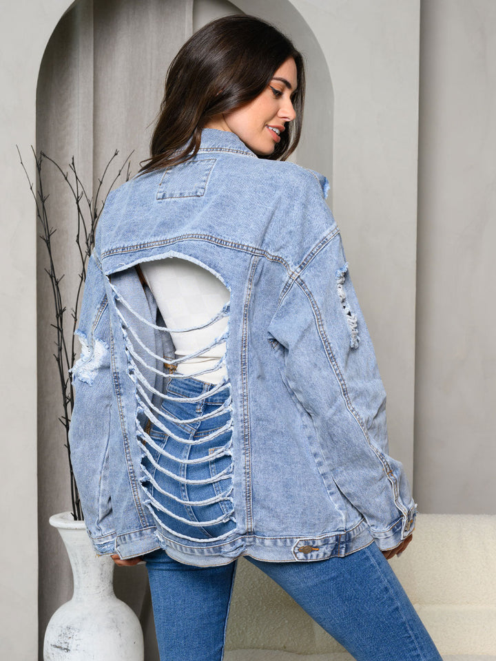 WOMEN'S LONG SLEEVE WASHED DISTRESSED BACK DETAILED DENIM JACKET