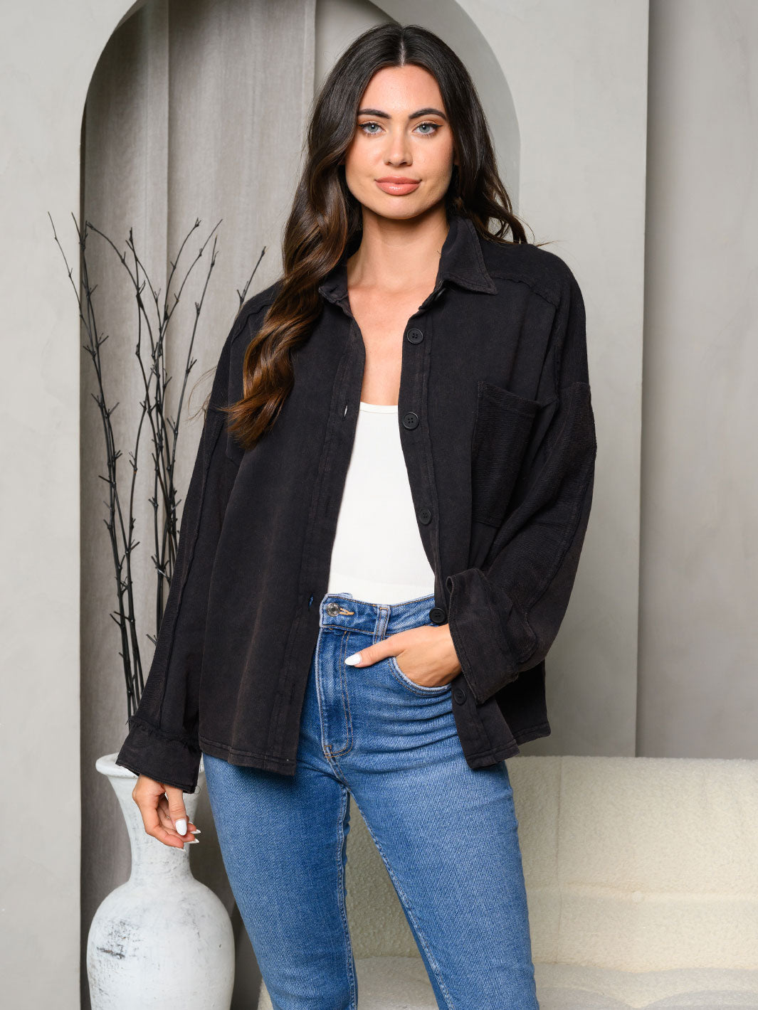 WOMEN'S LONG SLEEVE MINERAL WASHED BUTTON UP JACKET