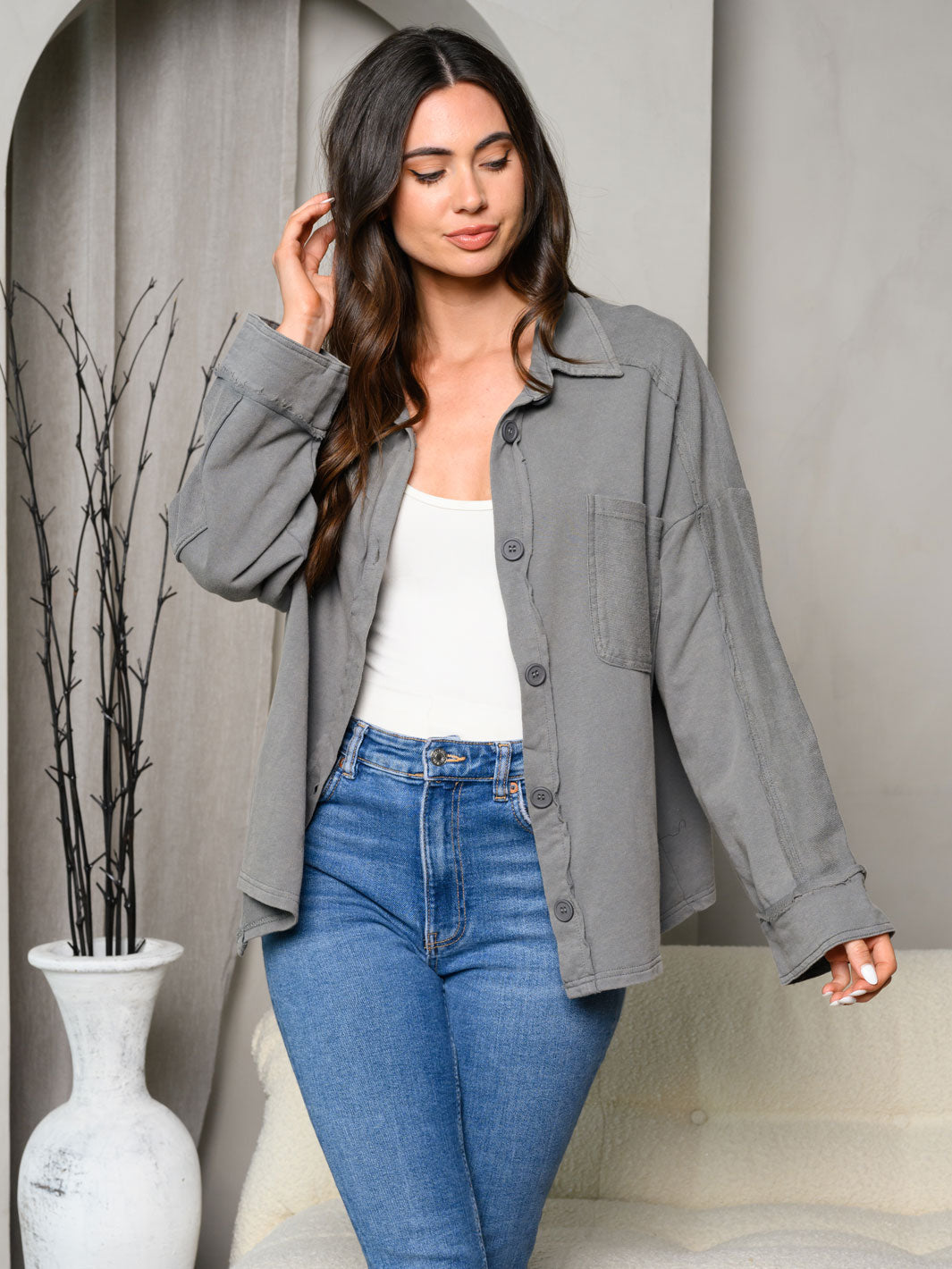 WOMEN'S LONG SLEEVE MINERAL WASHED BUTTON UP JACKET