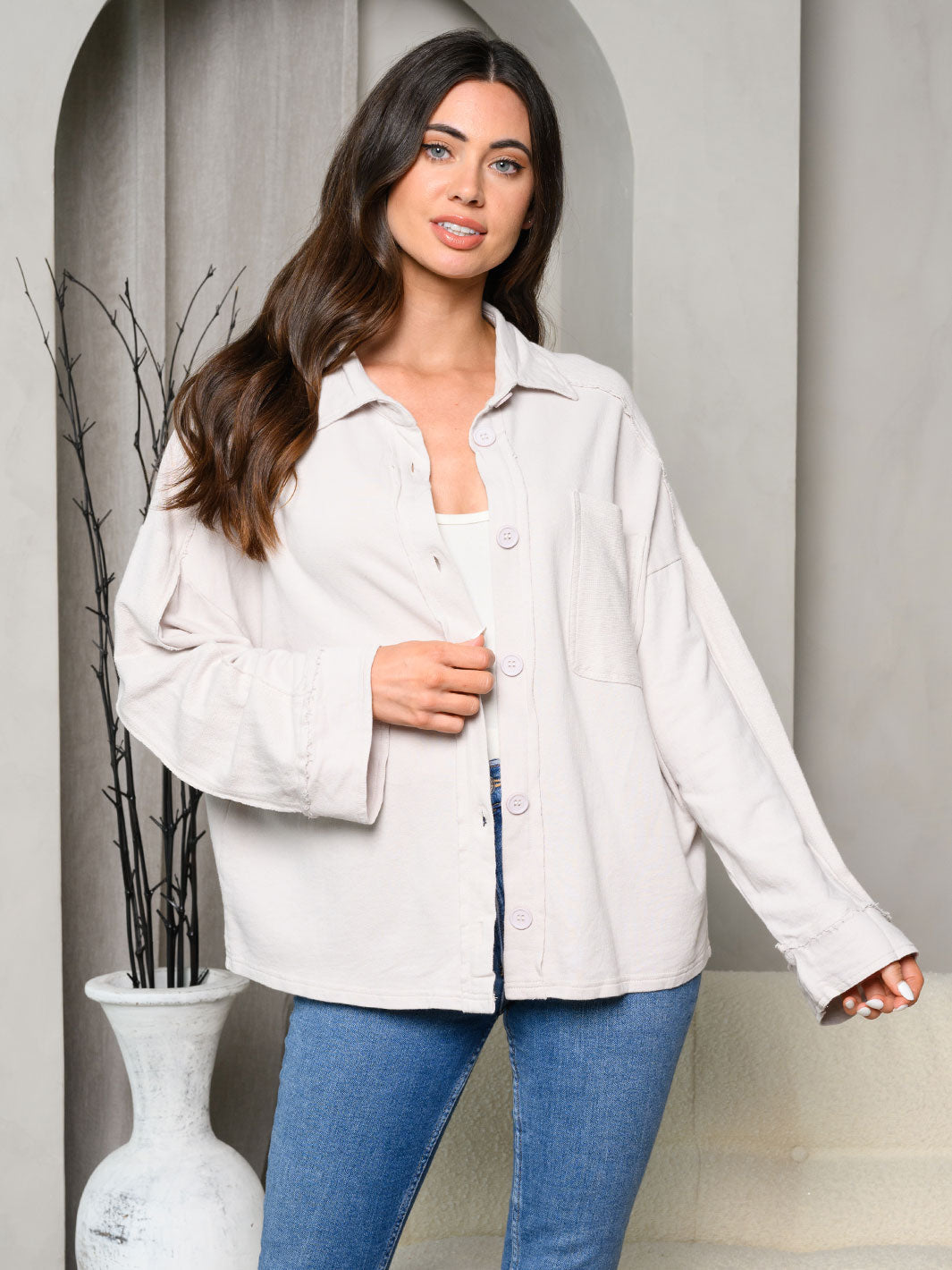 WOMEN'S LONG SLEEVE MINERAL WASHED BUTTON UP JACKET