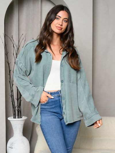 WOMEN'S LONG SLEEVE MINERAL WASHED BUTTON UP JACKET