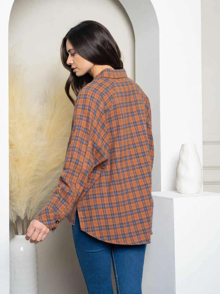 WOMEN'S LONG SLEEVE BUTTON UP PLAID TOP