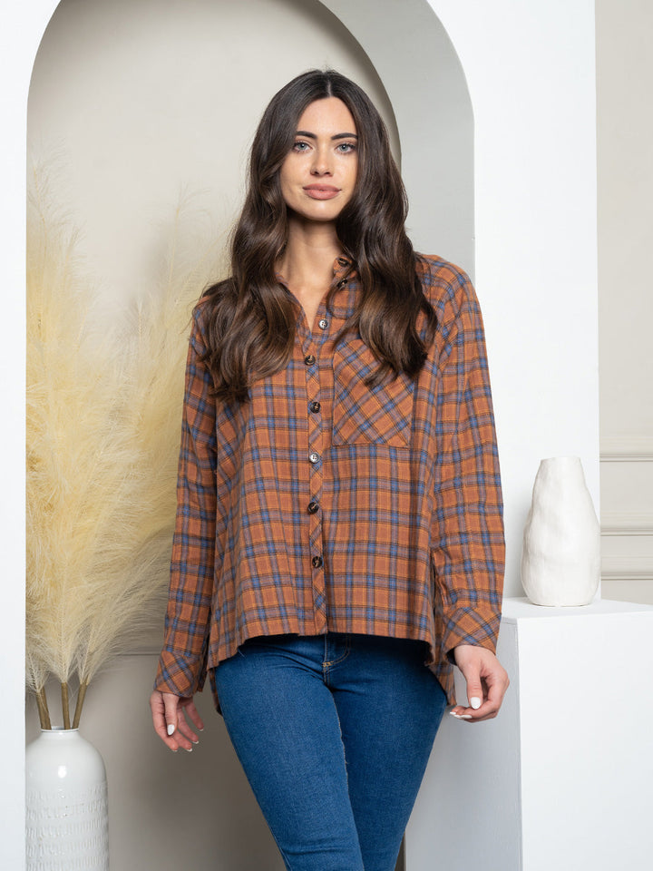WOMEN'S LONG SLEEVE BUTTON UP PLAID TOP