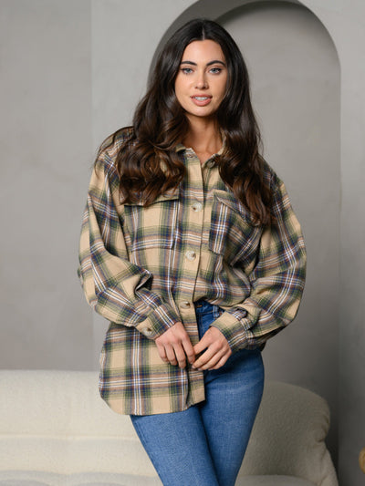WOMEN'S PLAID BUTTON UP FLANNEL WITH FRONT POCKET LONG SLEEVE TOP