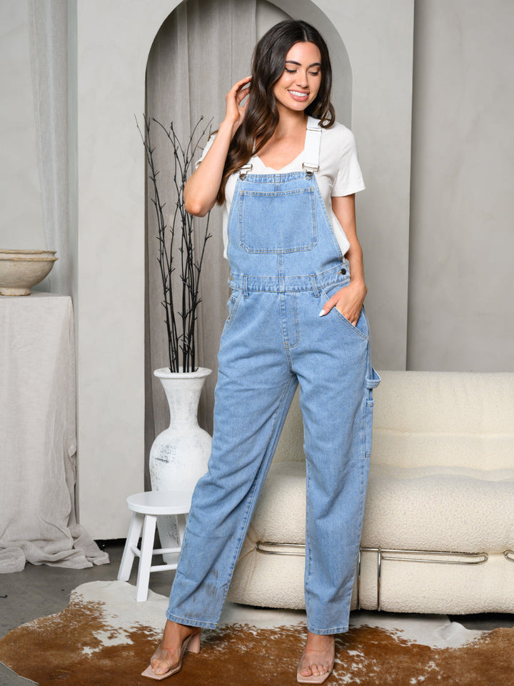 WOMEN'S SLEEVELESS SOLID DENIM TWILL CONTRAST OVERALLS
