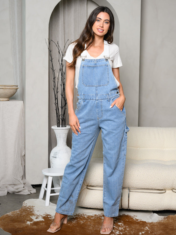 WOMEN'S SLEEVELESS SOLID DENIM TWILL CONTRAST OVERALLS