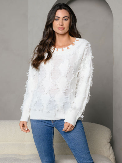 WOMEN'S DISTRESS NECK FRINGED DETAIL KNITTED LONG SLEEVE SWEATER