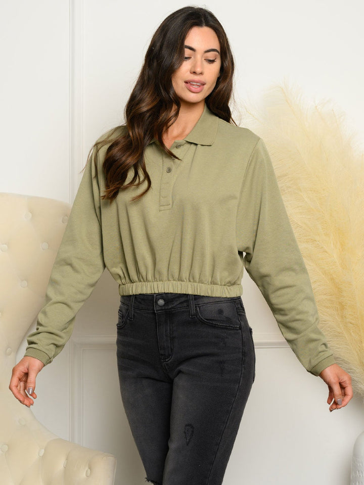 WOMEN'S LONG BELL SLEEVE COLLAR CROP TOP