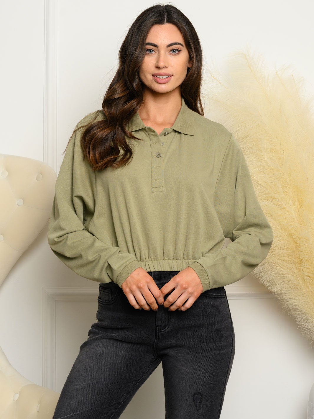 WOMEN'S LONG BELL SLEEVE COLLAR CROP TOP