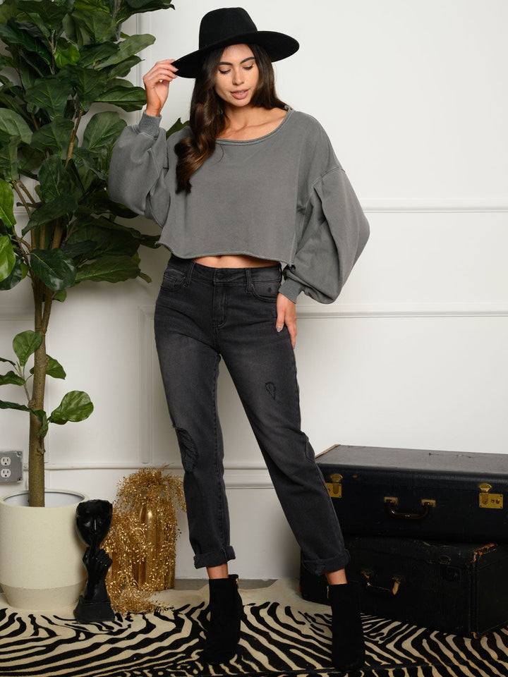 WOMEN'S PUFF LONG BELL SLEEVE CROP TOP