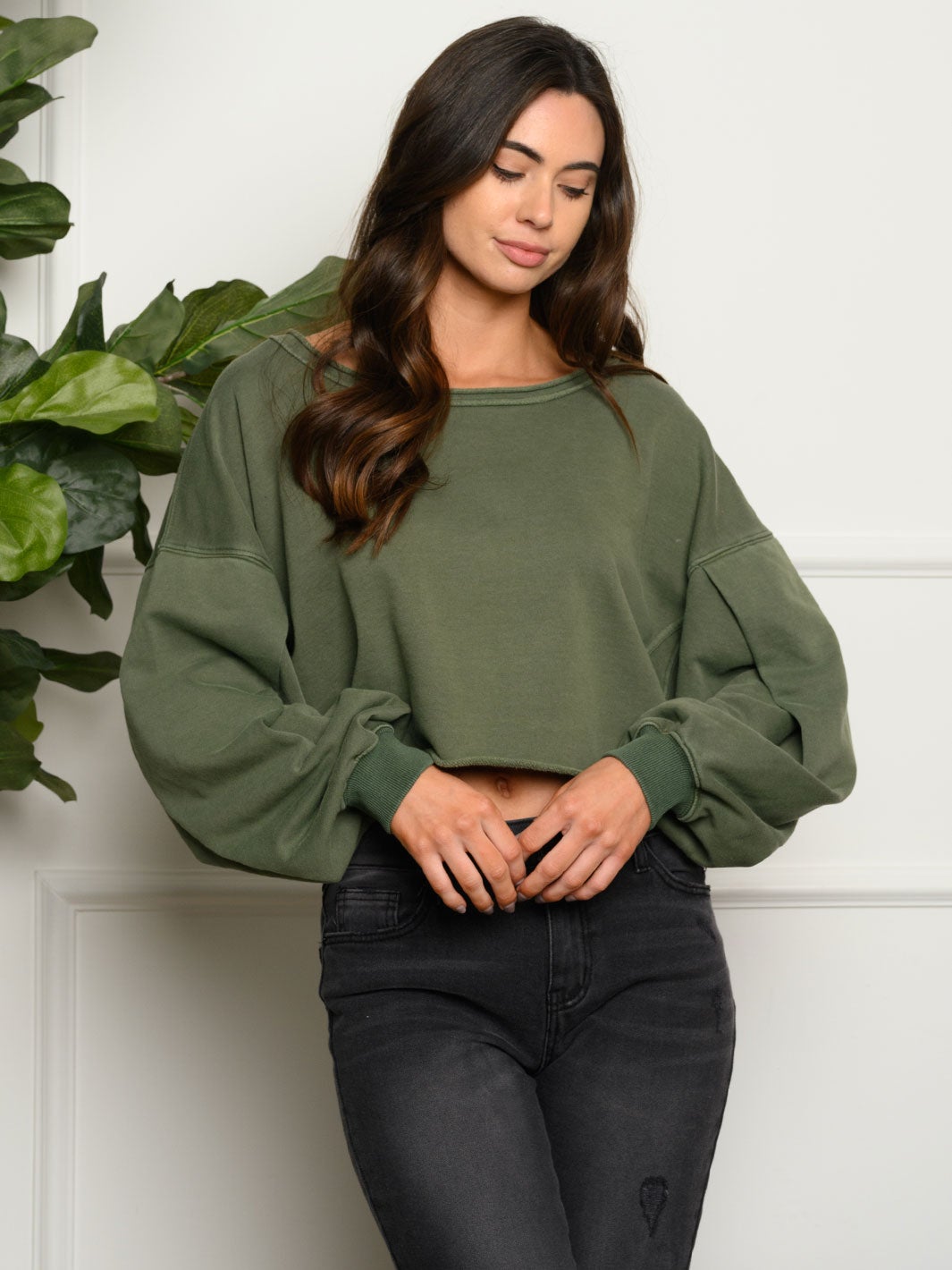 WOMEN'S PUFF LONG BELL SLEEVE CROP TOP