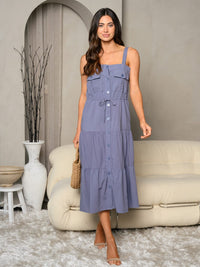 WOMEN'S SLEEVELESS BUTTON UP TIERED MIDI DRESS