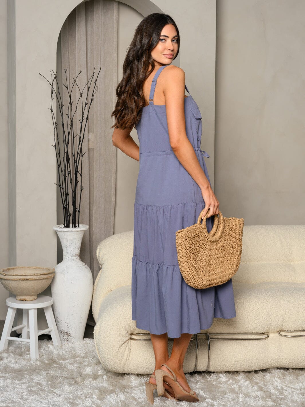 WOMEN'S SLEEVELESS BUTTON UP TIERED MIDI DRESS