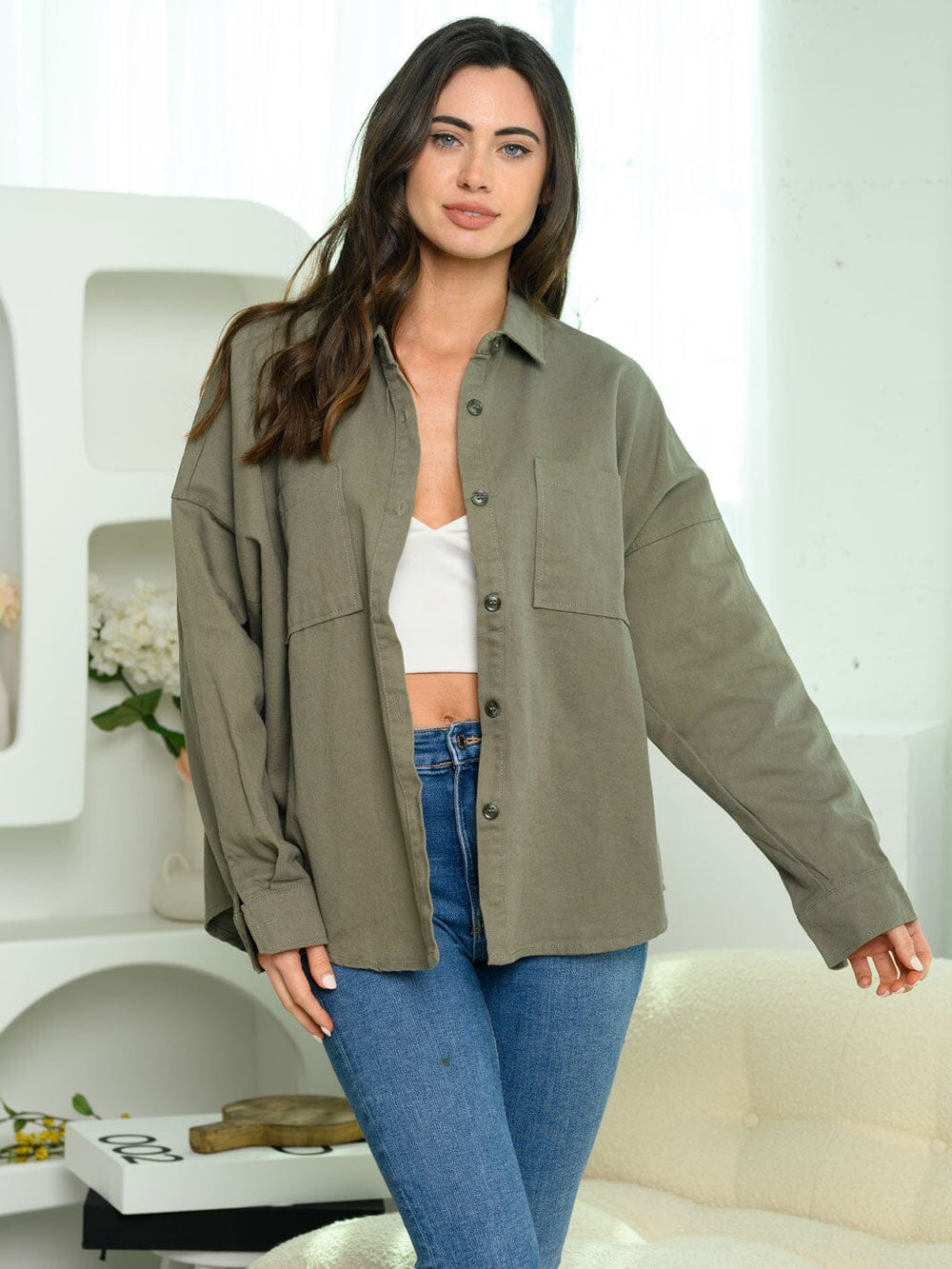 WOMEN'S LONG SLEEVES BUTTON UP OVERSIZED TOP