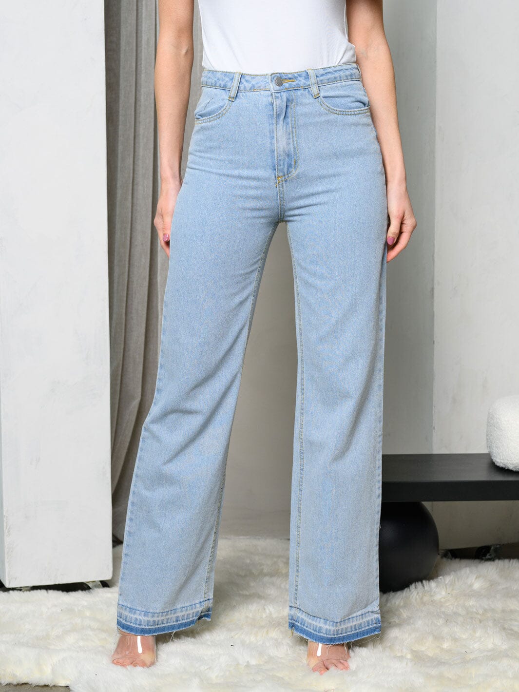 WOMEN'S HIGH RISE WIDE LEG UNSEAMED HEM DENIM PANTS