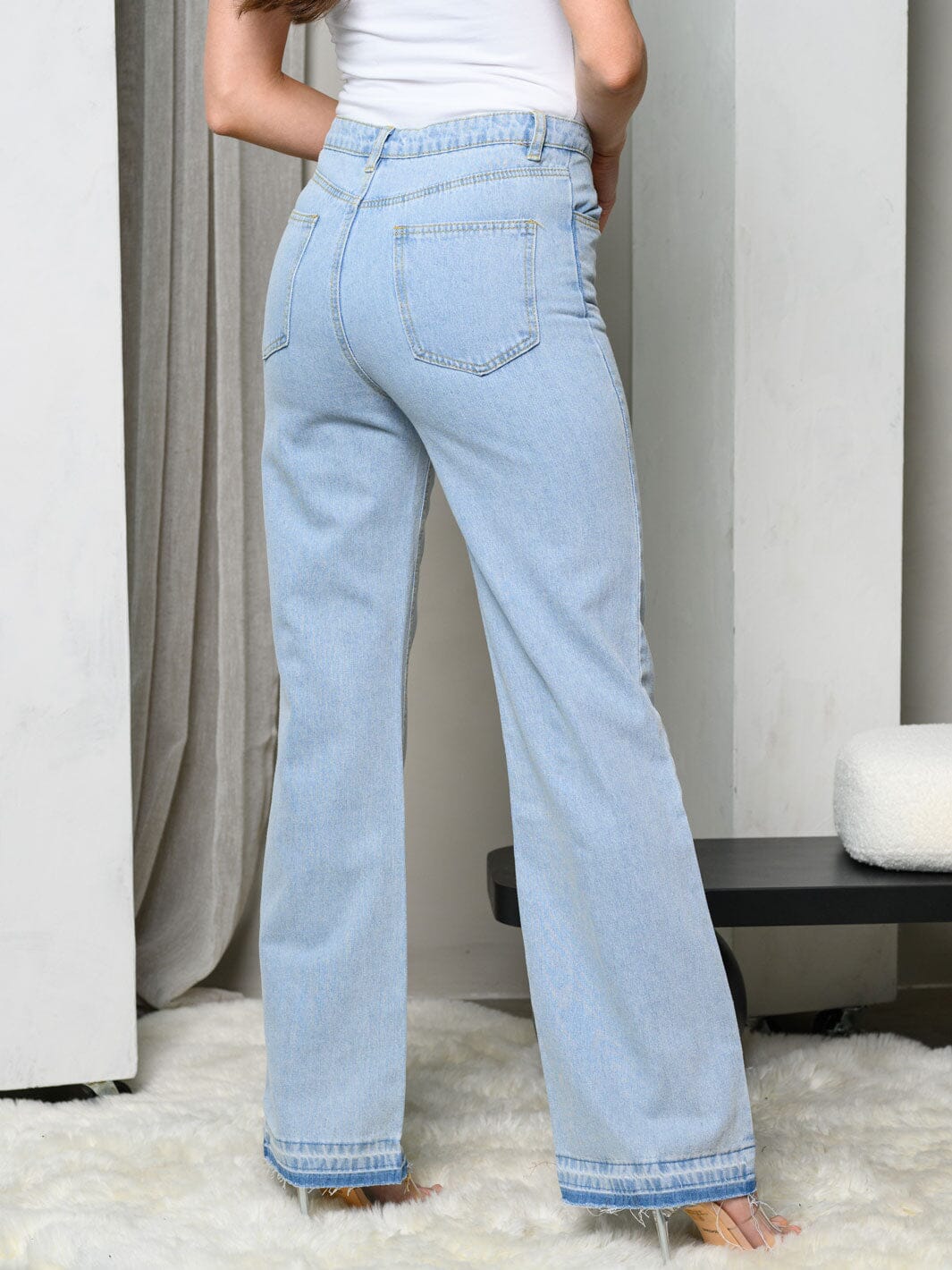 WOMEN'S HIGH RISE WIDE LEG UNSEAMED HEM DENIM PANTS