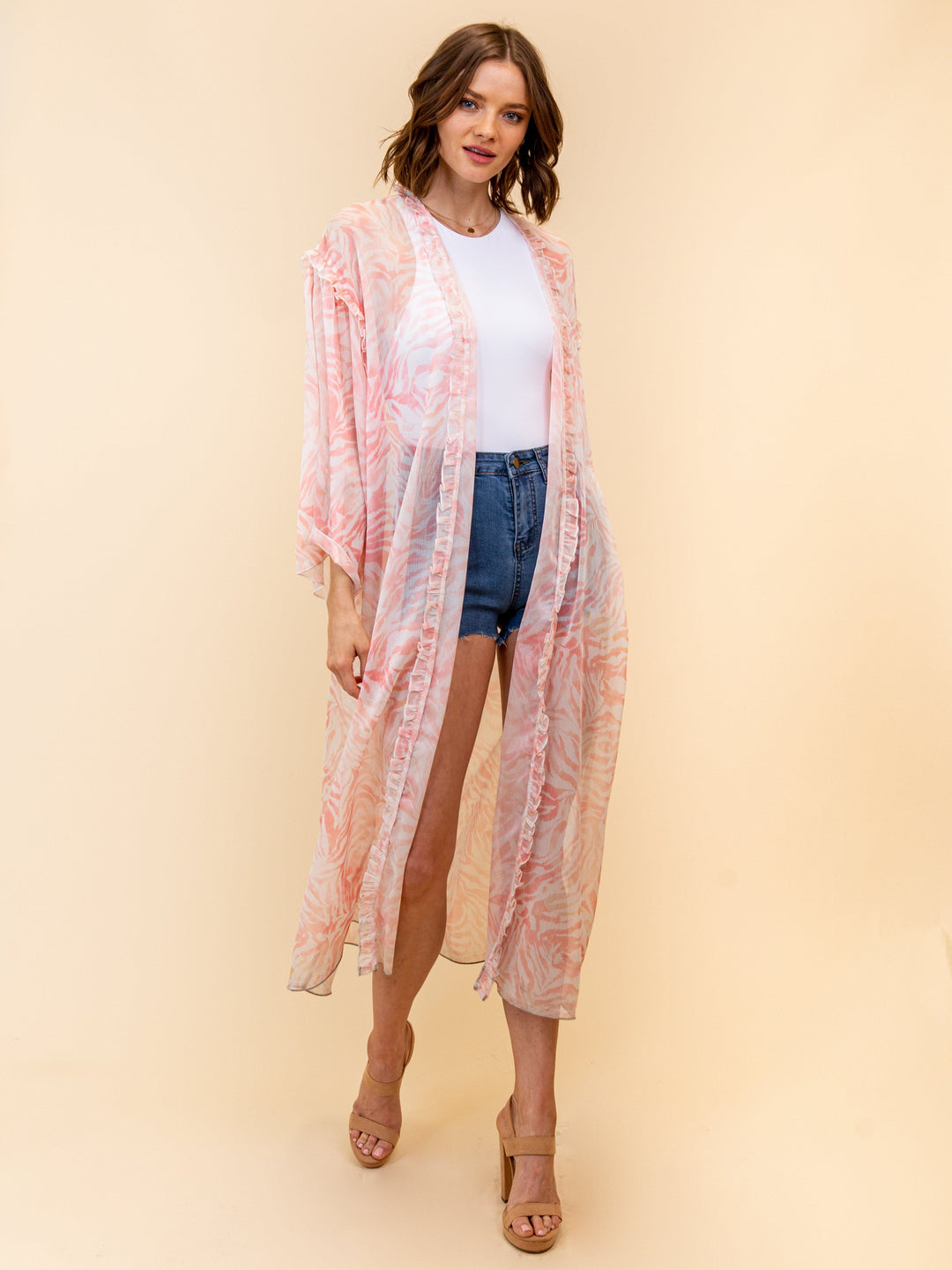 WOMEN'S 3/4 SLEEVE RUFFLE LONG KIMONO