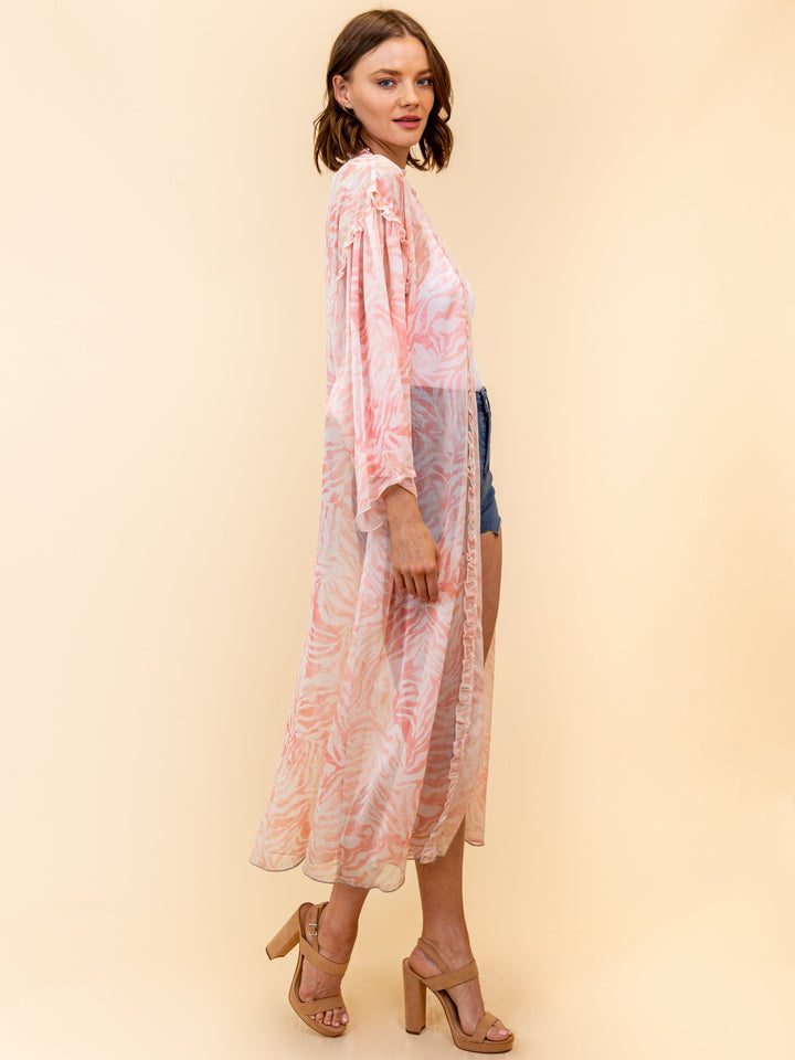 WOMEN'S 3/4 SLEEVE RUFFLE LONG KIMONO