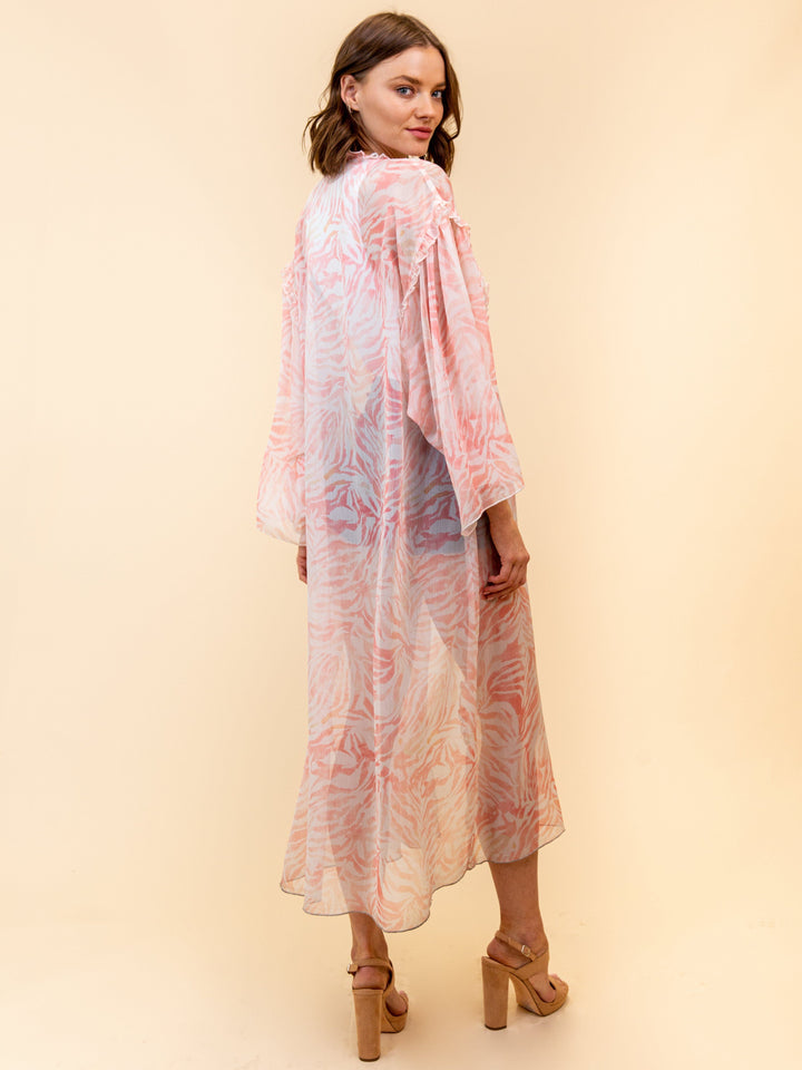 WOMEN'S 3/4 SLEEVE RUFFLE LONG KIMONO