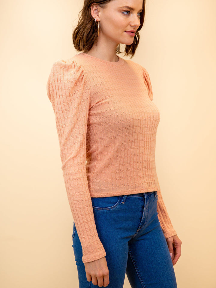 WOMEN'S LONG SLLEEVE PUFF SHOULDER KNIT TOP