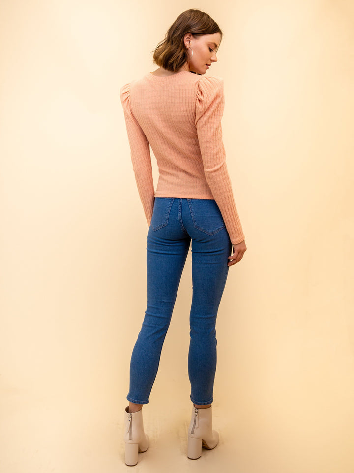 WOMEN'S LONG SLLEEVE PUFF SHOULDER KNIT TOP