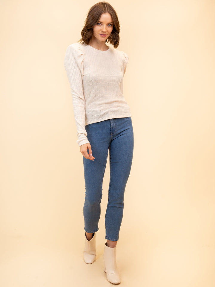 WOMEN'S LONG SLLEEVE PUFF SHOULDER KNIT TOP