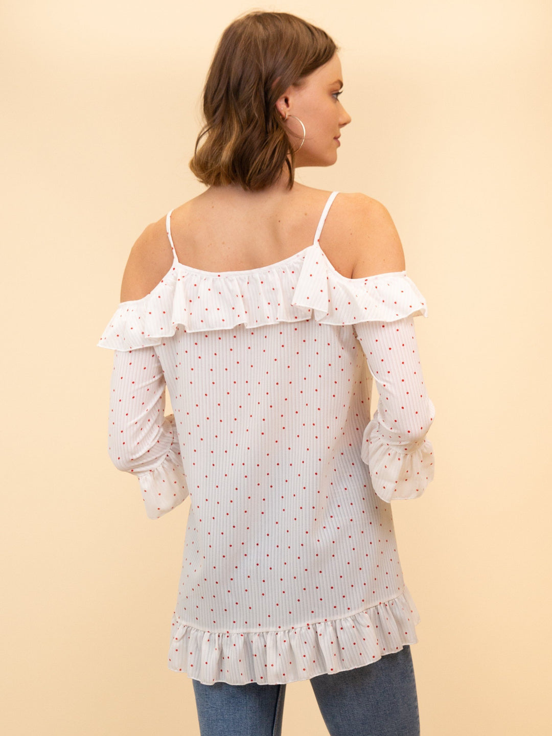 WOMEN'S POLKA DOT RUFFLE COLD SHOULDER TOP