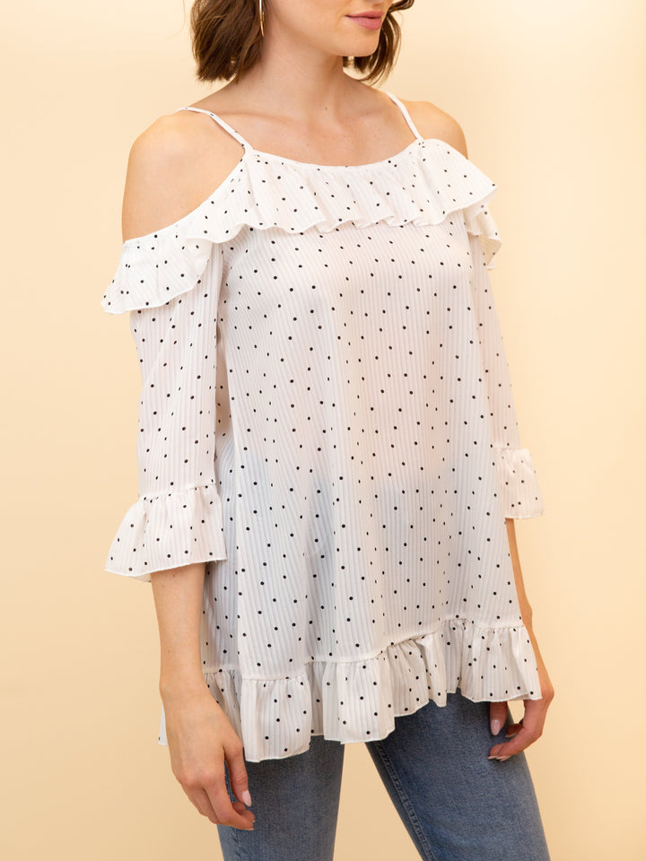 WOMEN'S POLKA DOT RUFFLE COLD SHOULDER TOP
