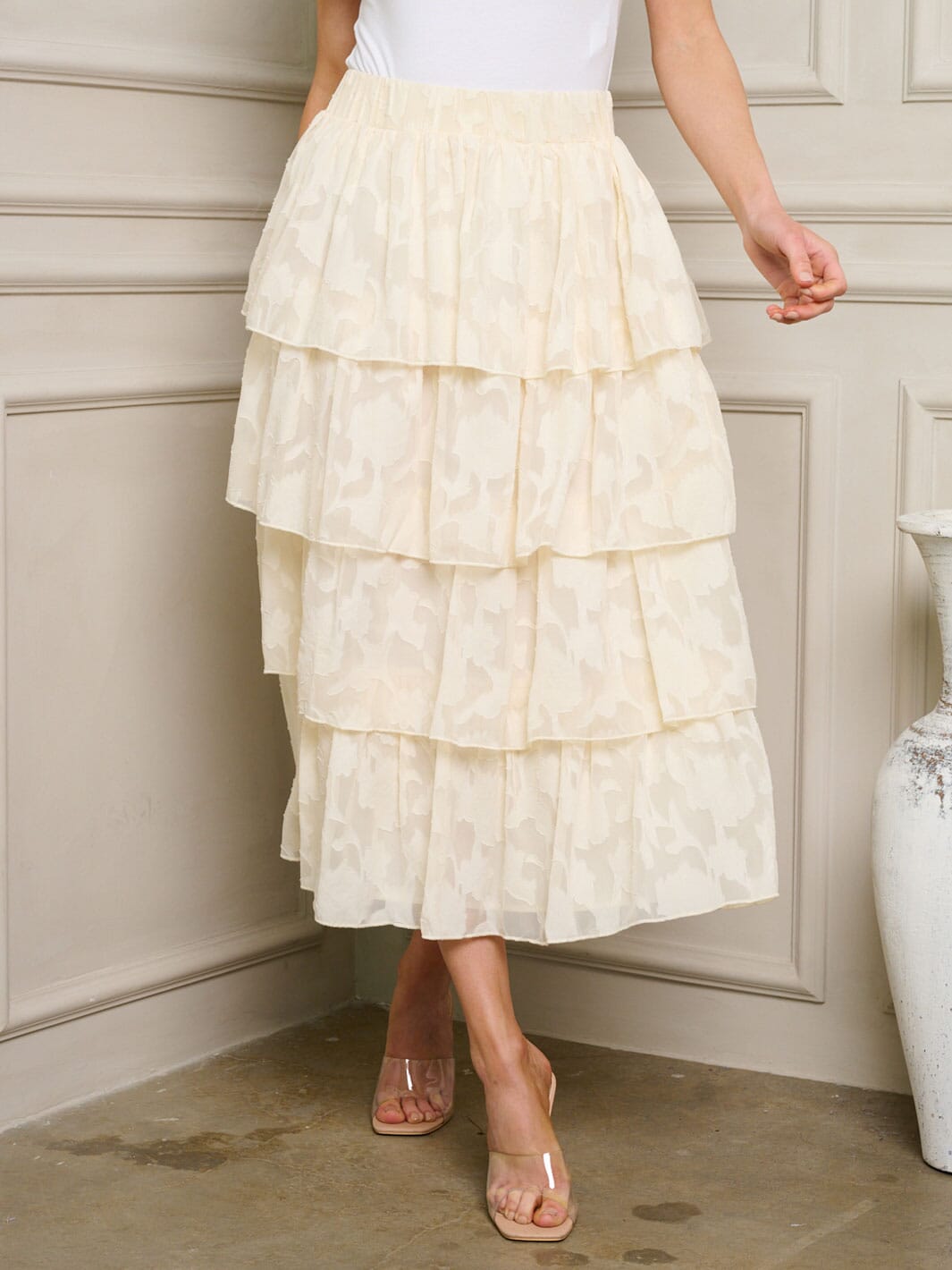 WOMEN'S TIERED RUFFLE FLORAL MIDI SKIRT