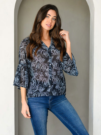 WOMEN'S 3/4 SLEEVE BUTTON UP PRINTED TOP