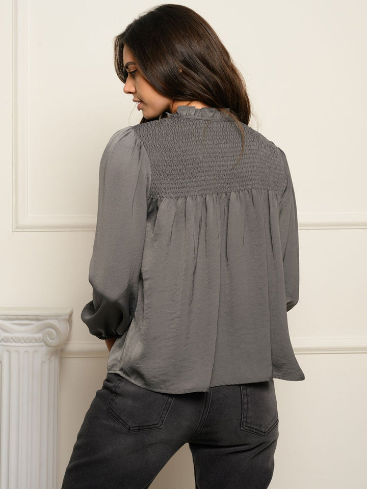 WOMEN'S SMOCKED YOKE LONG SLEEVE TOP