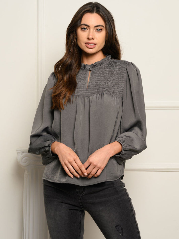 WOMEN'S SMOCKED YOKE LONG SLEEVE TOP