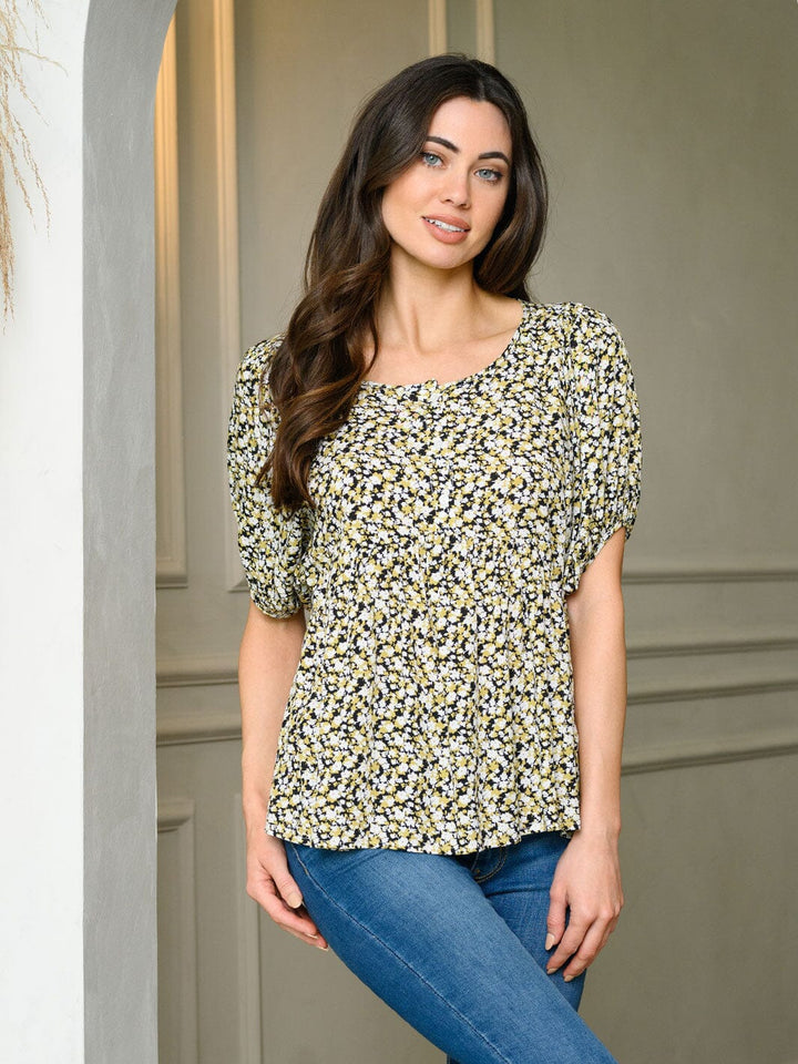 WOMEN'S SHORT SLEEVE V-NECK DITSY FLORAL BLOUSE TOP