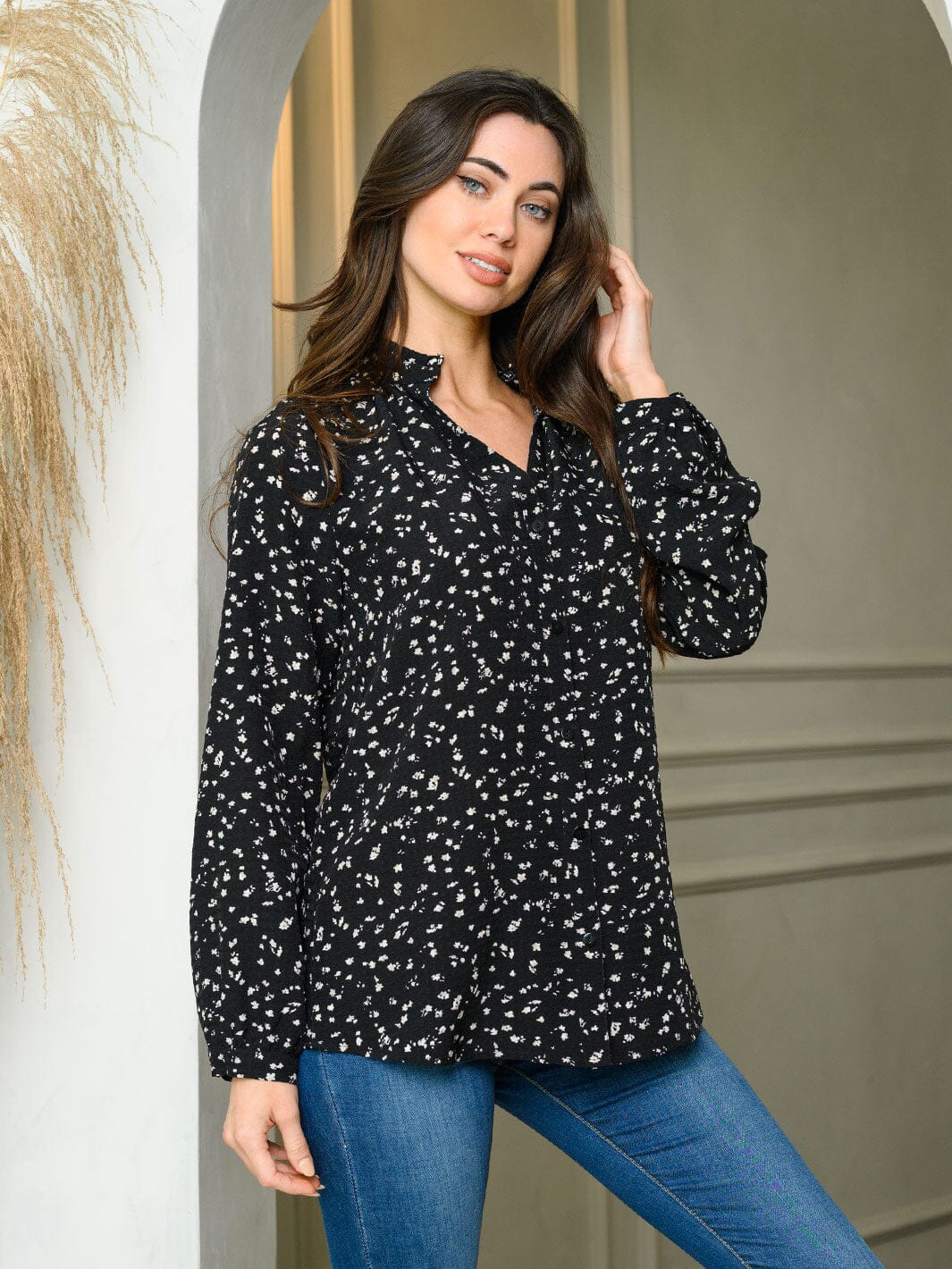 WOMEN'S LONG SLEEVE V-NECK ANIMAL PRINT BLOUSE TOP