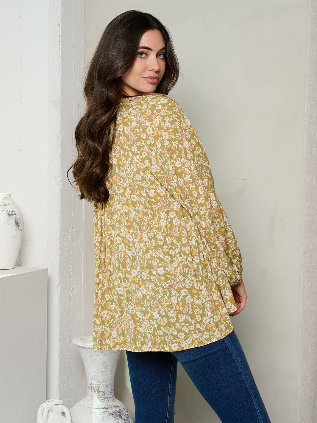 WOMEN'S LONG SLEEVE V-NECK FLORAL TUNIC TOP