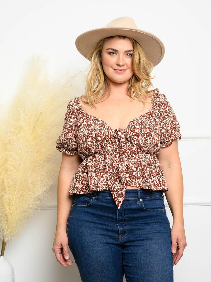 PLUS SIZE FLORAL FRONT TIE RUFFLE TOP