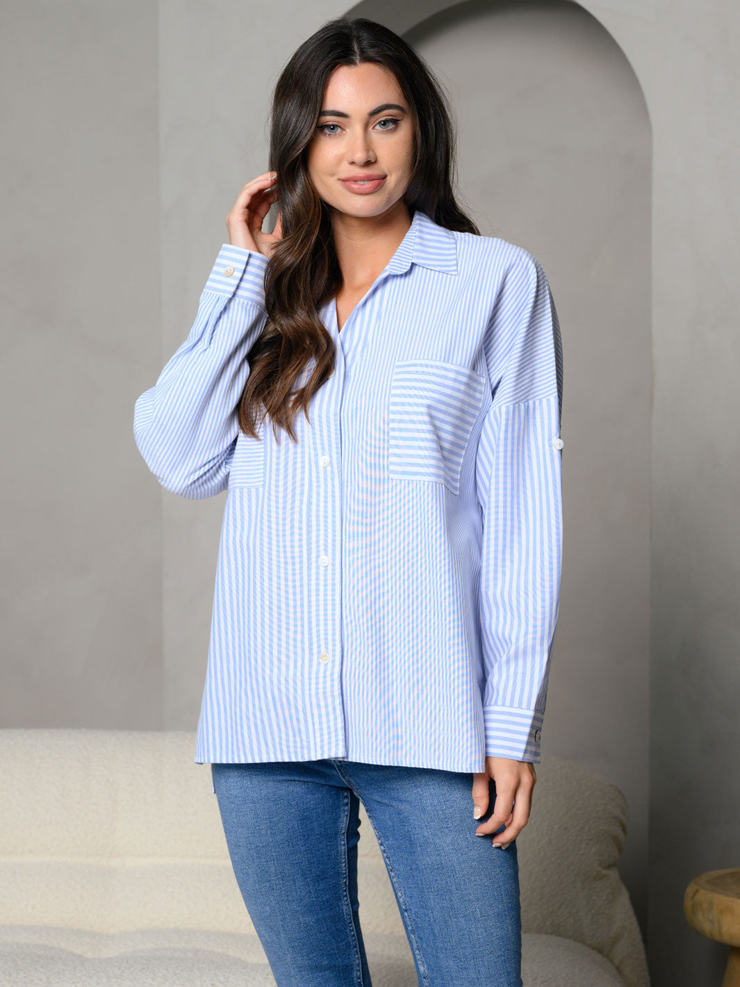 WOMEN'S STRIPES COLLAR BUTTON DOWN FRONT POCKET DETAIL LONG SLEEVE TOP