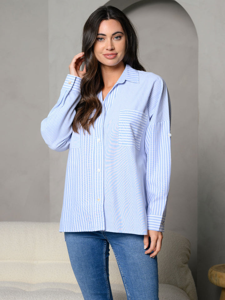 WOMEN'S STRIPES COLLAR BUTTON DOWN FRONT POCKET DETAIL LONG SLEEVE TOP