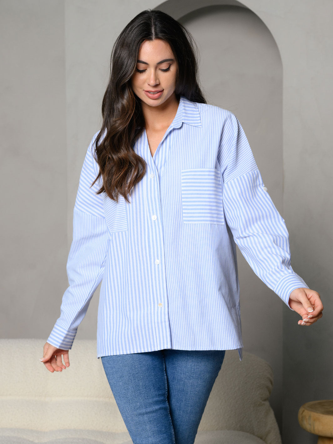 WOMEN'S STRIPES COLLAR BUTTON DOWN FRONT POCKET DETAIL LONG SLEEVE TOP