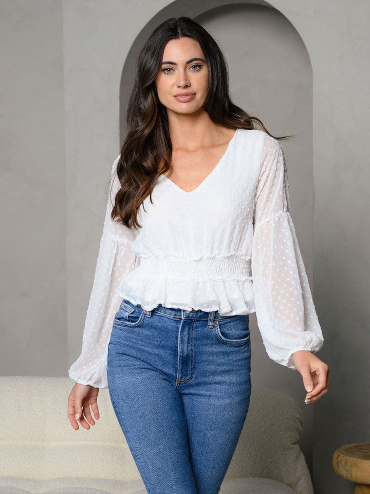 WOMEN'S SOLID DOT JACQUARD V-NECK LONG SLEEVE TOP